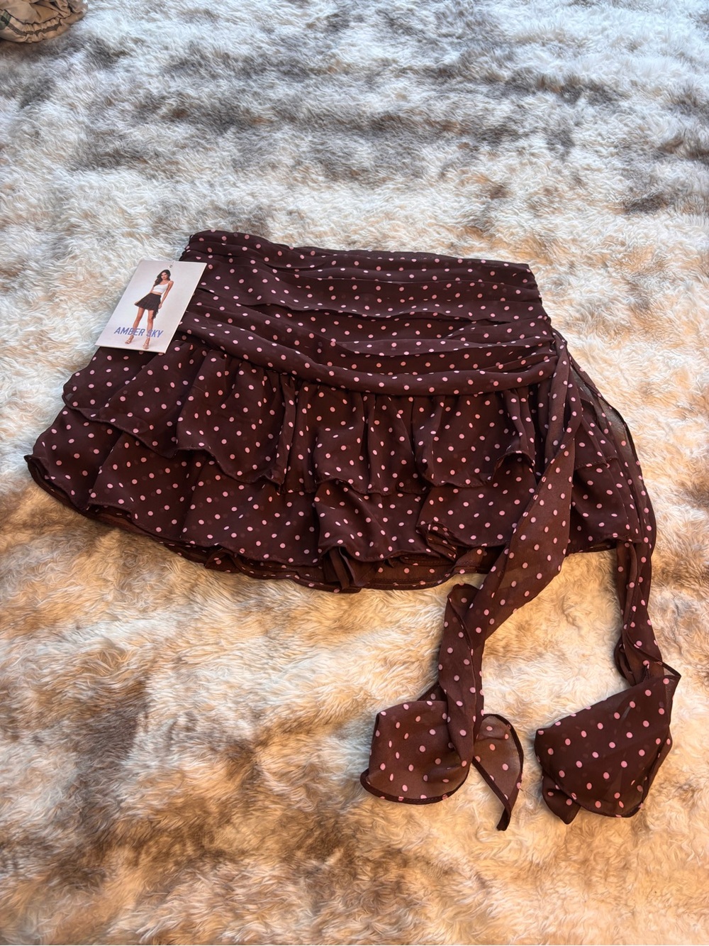 NWT Fairycore Amber Sky  Brown Skirt with Pink Polka Dots and Ruffle Layers